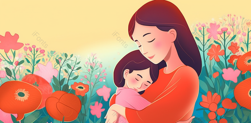 郁金香花丛母女母亲节卡通手绘场景,插画/手绘图,插画/手绘图库,插画/手绘图下载,插画/手绘